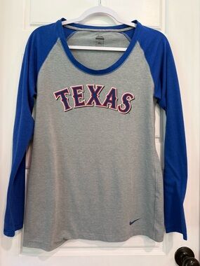 Nike Texas Rangers MLB Long Sleeve Raglan Shirt Gray Blue Women’s Raglan Large